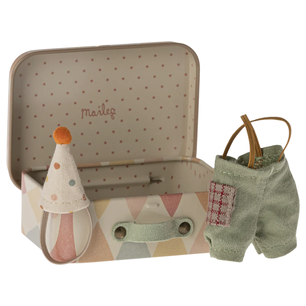 Maileg clown clothes in suitcase, little brother mouse