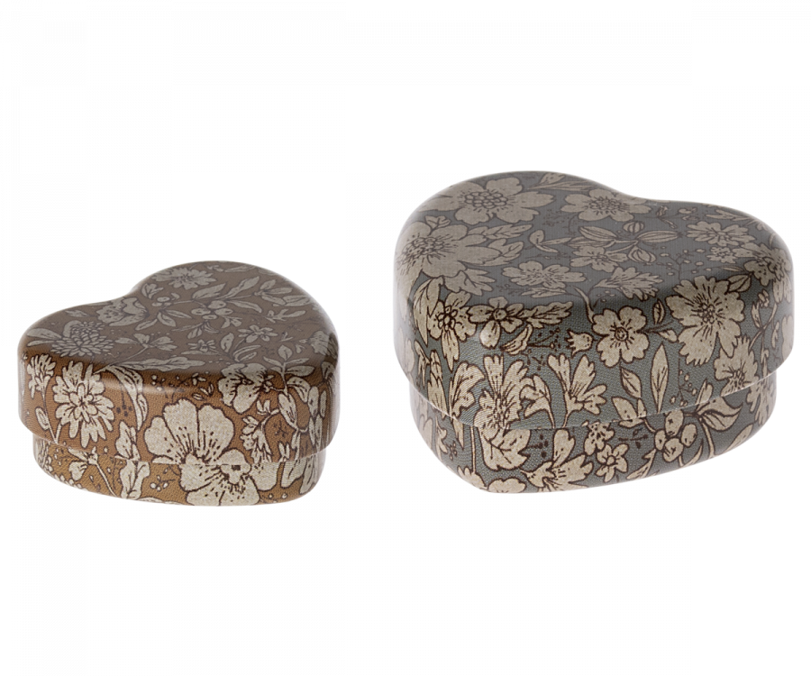 Maileg metal heart box, 2 pcs set - Blue/Ocher blossom