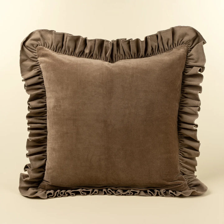 Velvet Ruffle Linen Pillow - Chocolate (24" x 24")