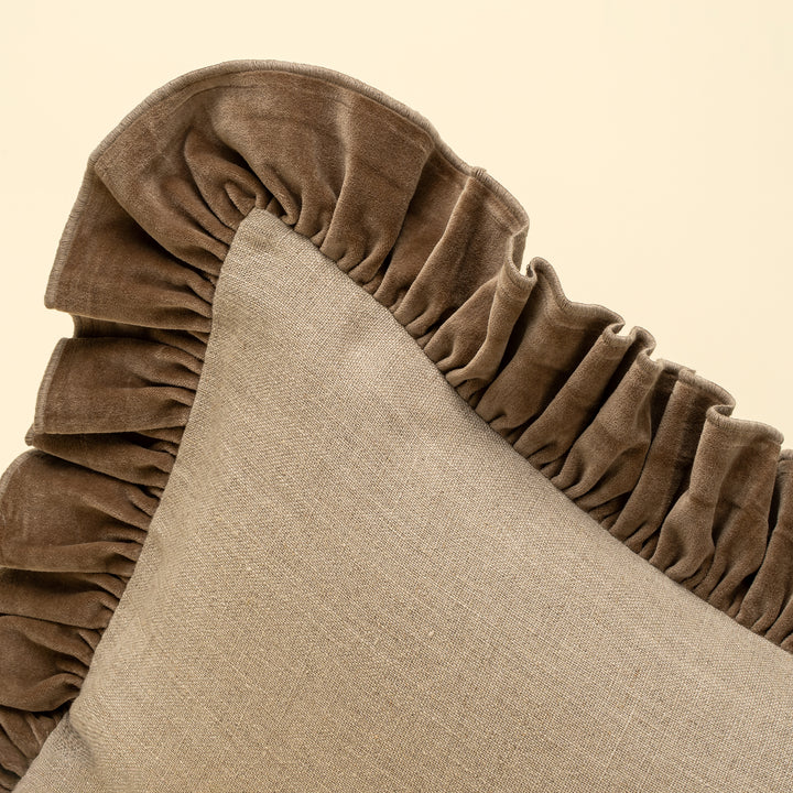 Velvet Ruffle Linen Pillow - Chocolate (16" x 24")