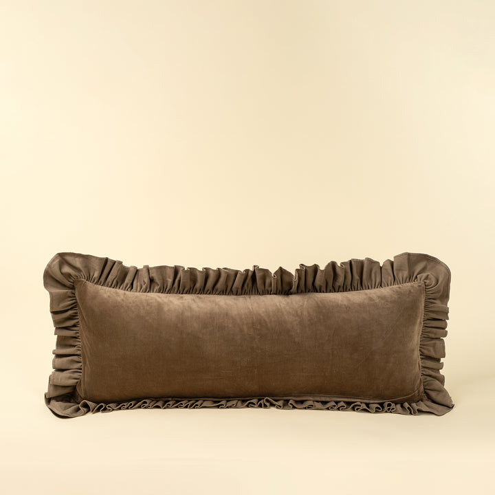 Velvet Ruffle Linen Pillow - Chocolate (16" x 24")
