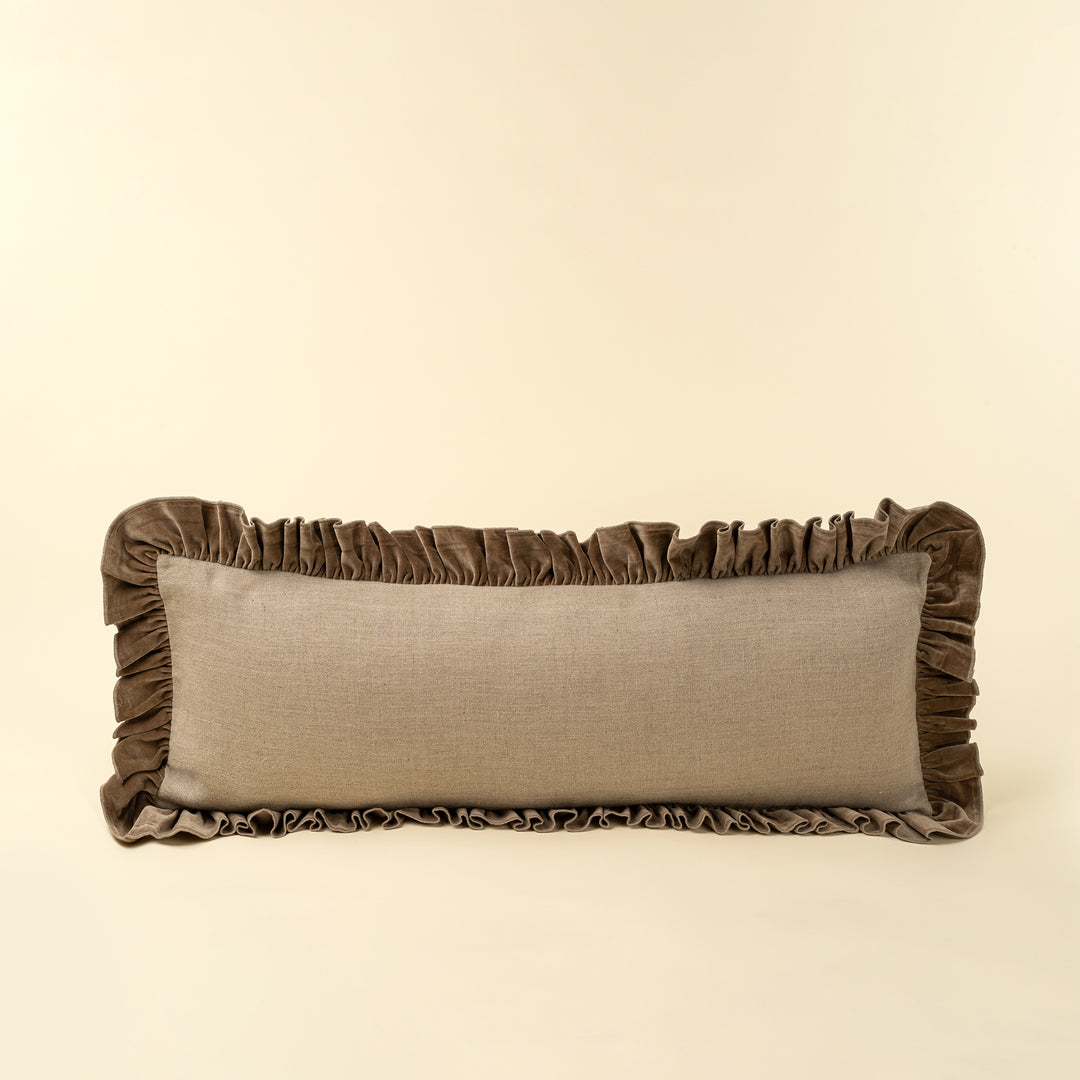 Velvet Ruffle Linen Pillow - Chocolate (16" x 24")