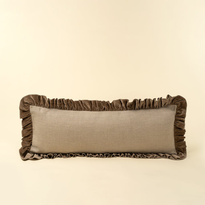 Velvet Ruffle Linen Pillow - Chocolate (16" x 24")