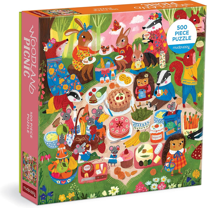 Woodland Picnic 500 Piece Family Puzzle from Mudpuppy, Bright and Colorful Illustrations of Woodland Animals Great and Small, Fun and Challenging Family Activity, Ages 8+