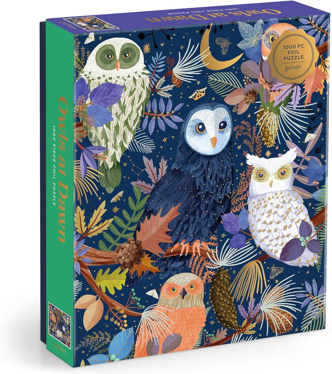 Owls At Dawn Puzzle – 1000 Piece Foil Jigsaw Puzzle Featuring Illustrated Owls in Morning Light