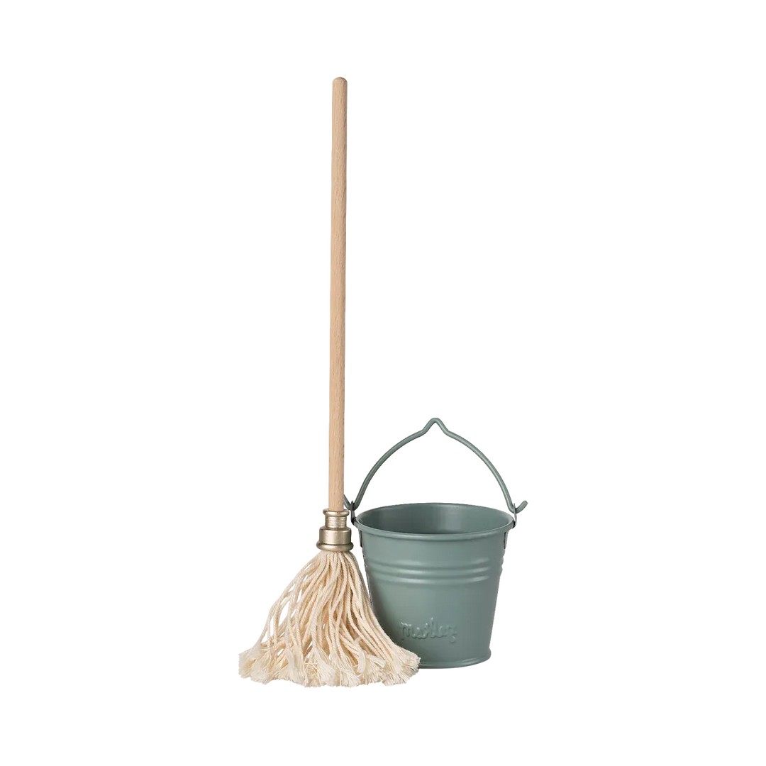 Maileg miniature bucket and mop - light blue