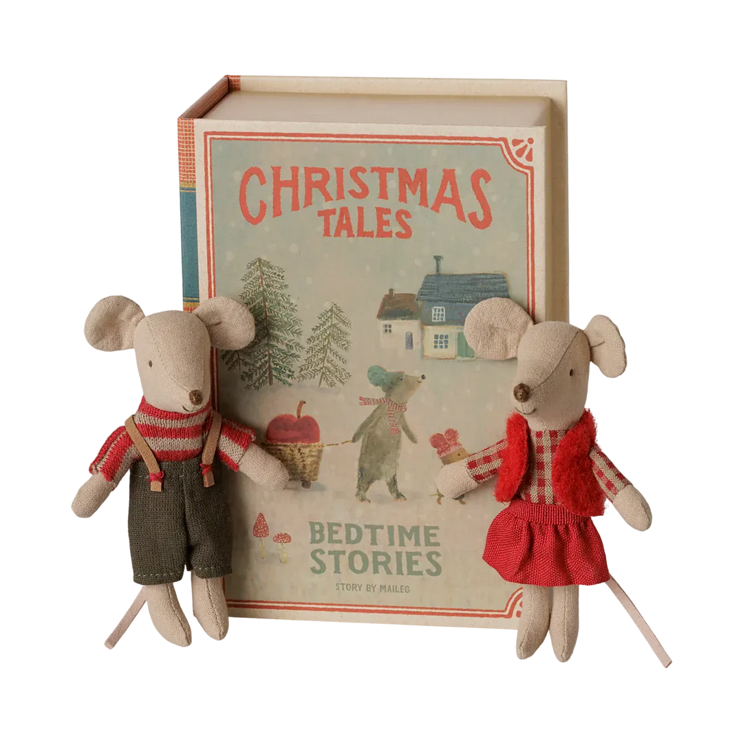 Pre Order Maileg Christmas twin mice, Little sister and brother in book