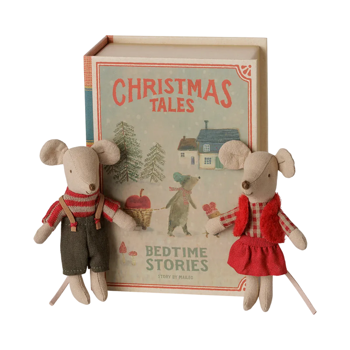 Pre Order Maileg Christmas twin mice, Little sister and brother in book