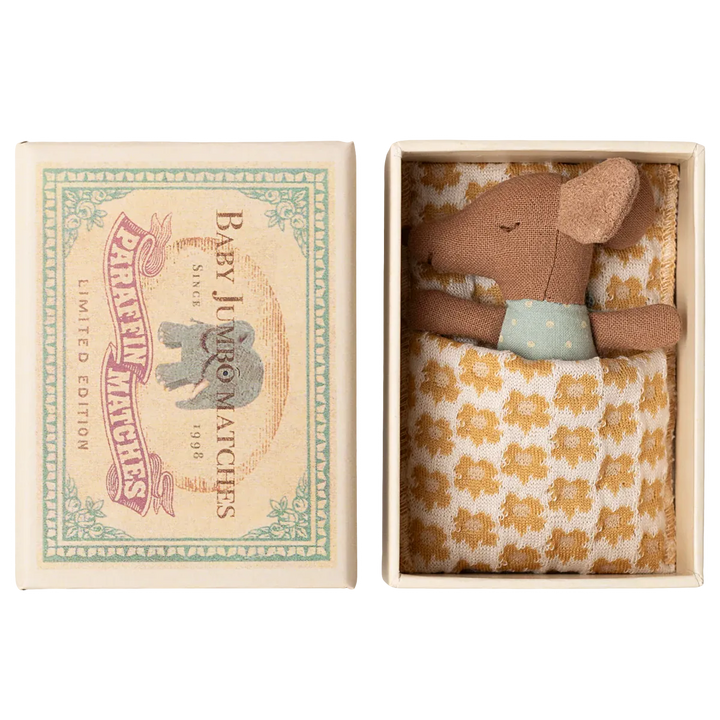 Maileg Sleepy/wakey baby mouse in matchbox - Blue (yellow bedding)