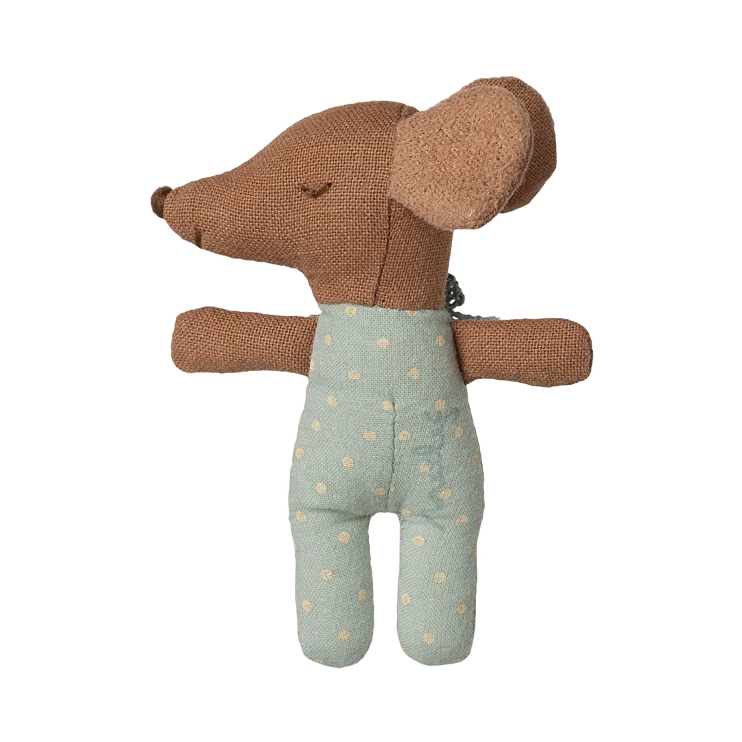 Maileg Sleepy/wakey baby mouse in matchbox - Blue (yellow bedding)