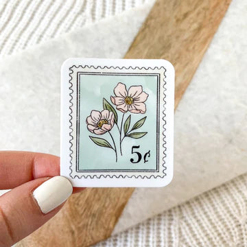 Light Blue Floral Stamp Sticker, 2x1.75 in.