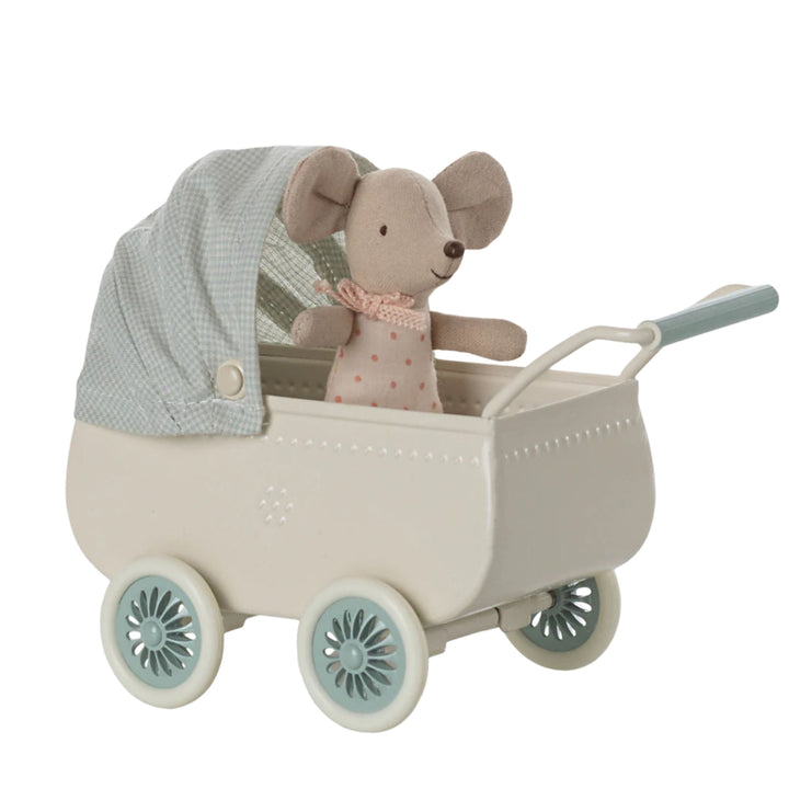 Maileg Pram with Baby Mouse (Mint)
