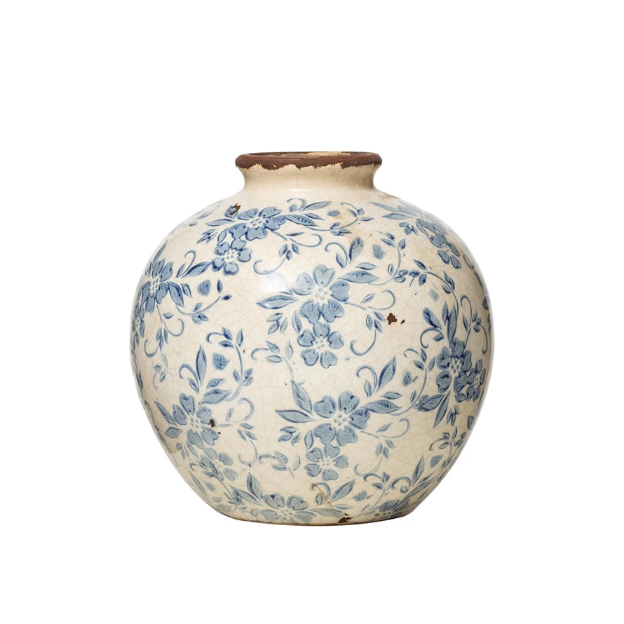 Terracotta Blue Floral Vase