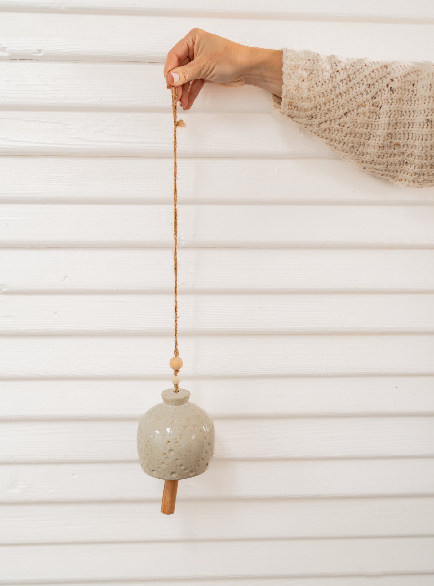 Stoneware Bell with Wood Beads