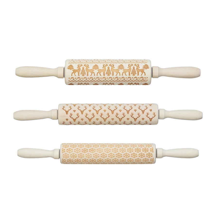 Carved Holiday Wood Rolling Pin, 3 Styles