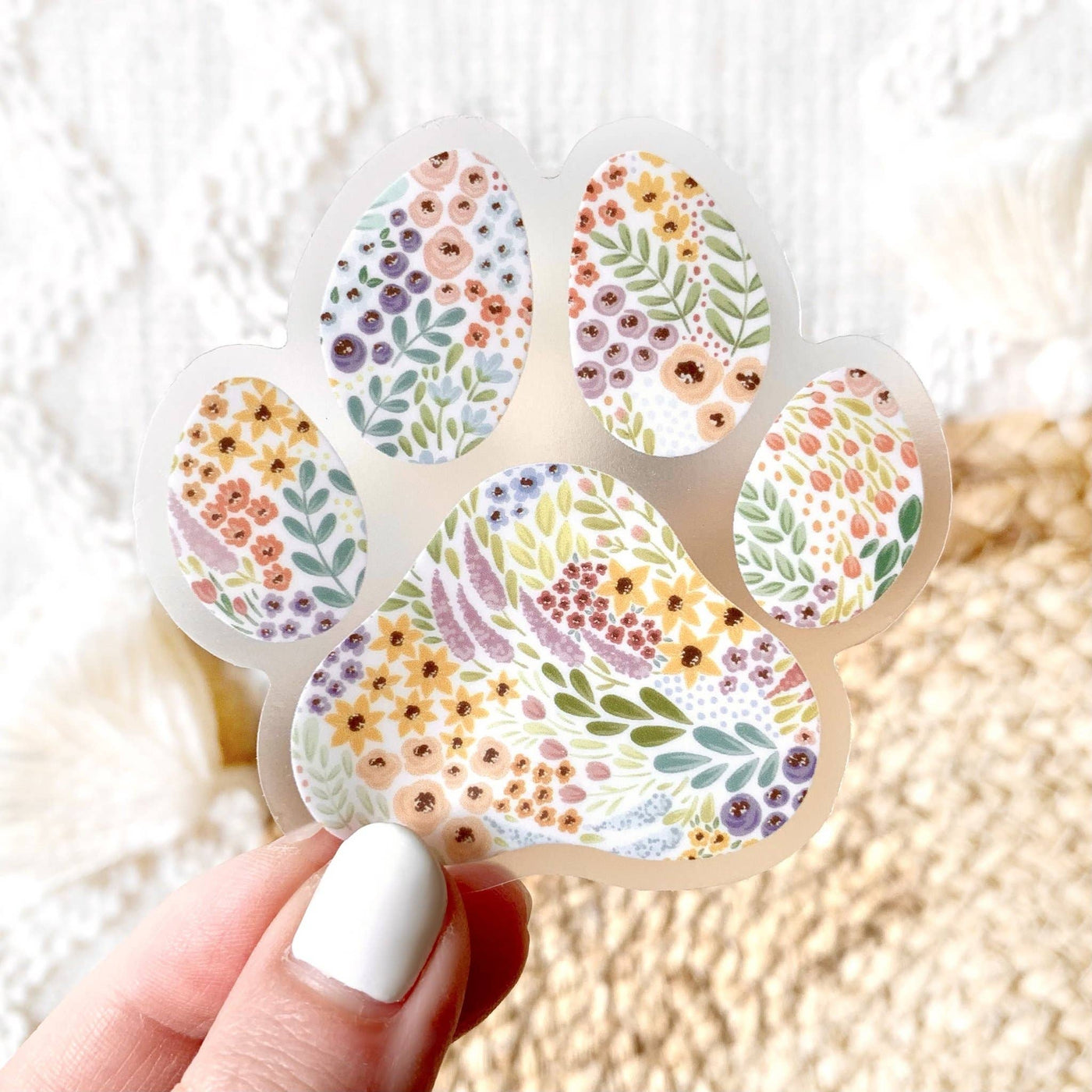 Clear Floral Paw Print Sticker, 2.75x2.75 in.