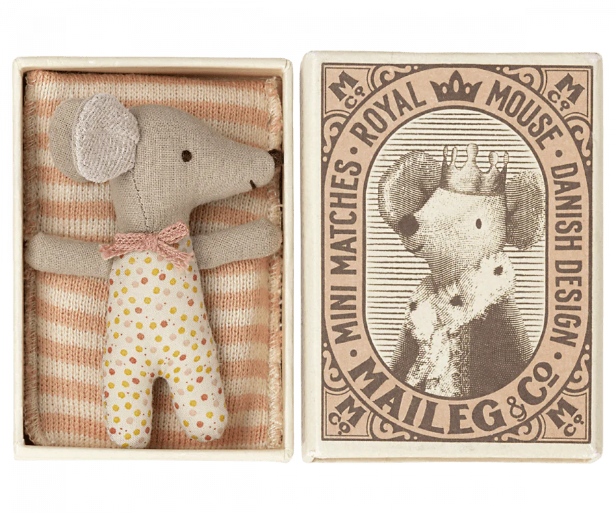 Maileg Sleepy/wakey baby mouse in matchbox - Rose