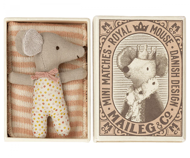 Maileg Sleepy/wakey baby mouse in matchbox - Rose