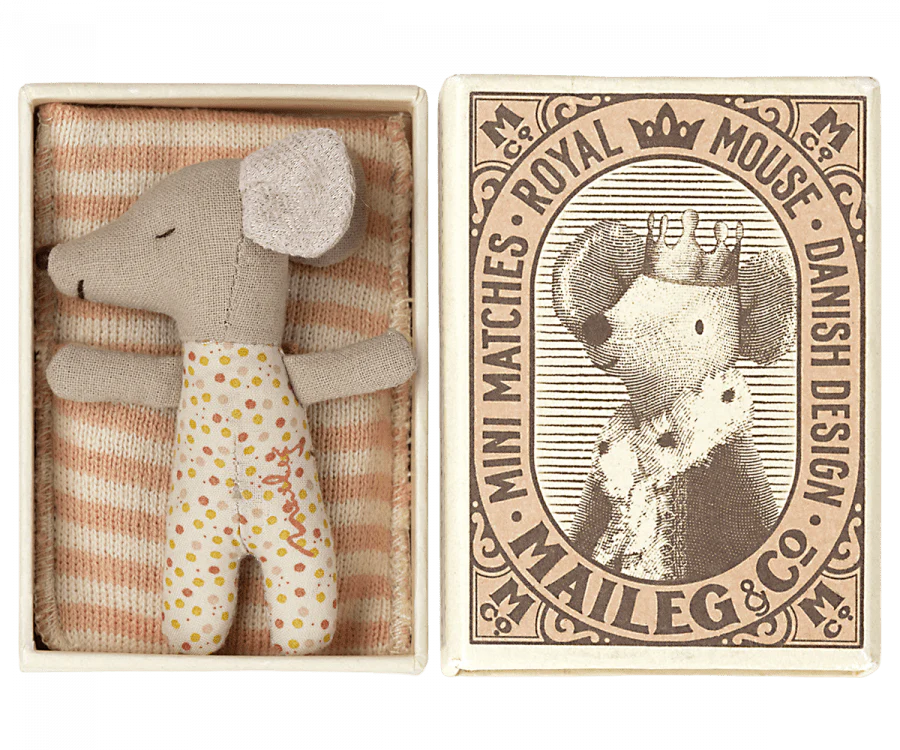 Maileg Sleepy/wakey baby mouse in matchbox - Rose