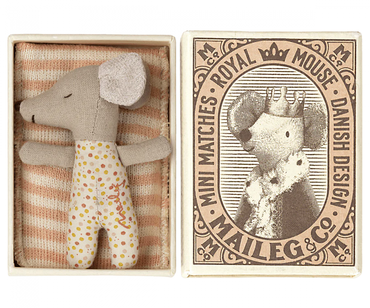 Maileg Sleepy/wakey baby mouse in matchbox - Rose